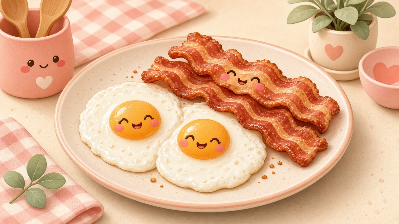 Bacon and eggs — cartoon recipe illustration
