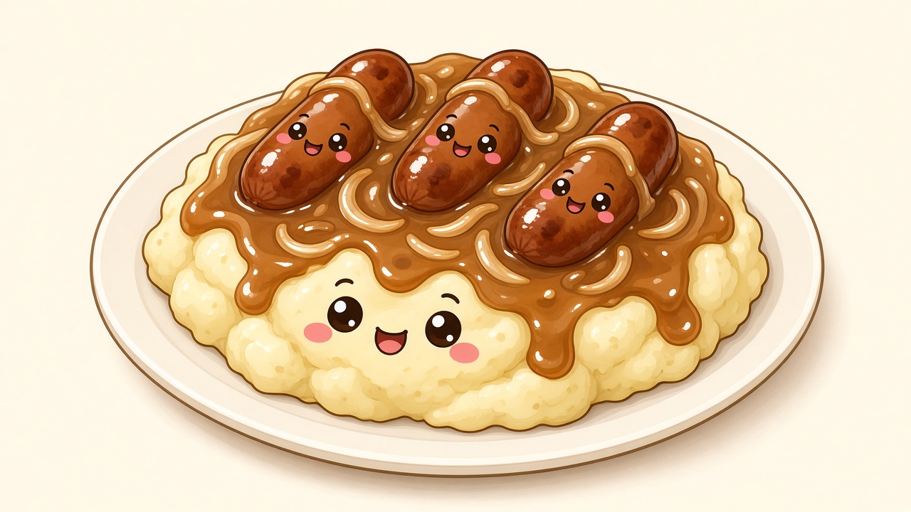 Bangers and mash with onion gravy — cartoon recipe illustration