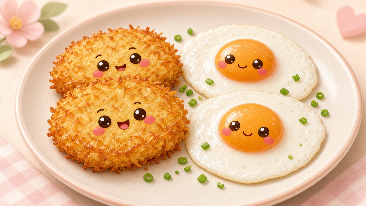 Hash browns and eggs — cartoon recipe illustration